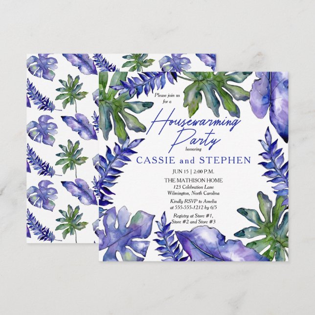 Invitation Boho Tropical Feuilles Purple Houseécher Party (Devant / Derrière)