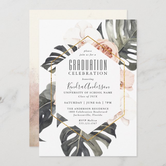 Invitation Boho Tropical Floral Graduation Party (Devant / Derrière)