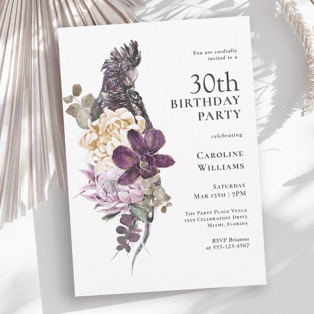 Invitation Boho Tropical Purple Parrot 30e anniversaire (Available in both printed and instant download paperless formats.)