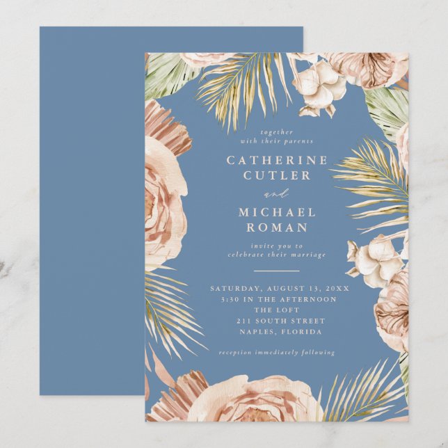 Invitation Boho Tropical Roses Dusty Blue Mariage (Devant / Derrière)