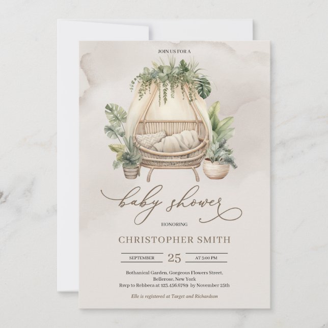 Invitation Boho tropical verdure et bébé beige berceau (Devant)