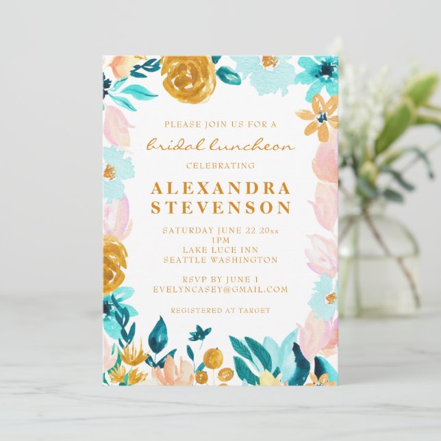 Invitation Boho Turquoise aquarelle Floral Bridal Luncheon (Debout devant)