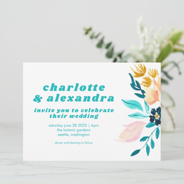 Invitation Boho Turquoise bleu et or aquarelle Mariage floral (Debout devant)