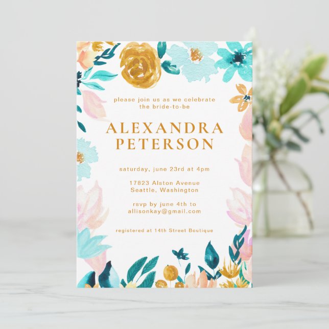 Invitation Boho Turquoise bleu et or aquarelle Mariage floral (Debout devant)