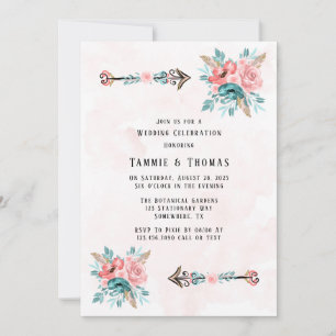 Invitation Boho Turquoise et rose pivoine Flèches Mariage