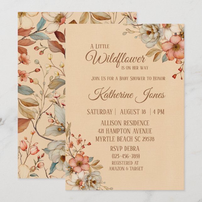 Invitation Boho Un Petit Baby shower De Fille Fleur sauvage (Devant / Derrière)