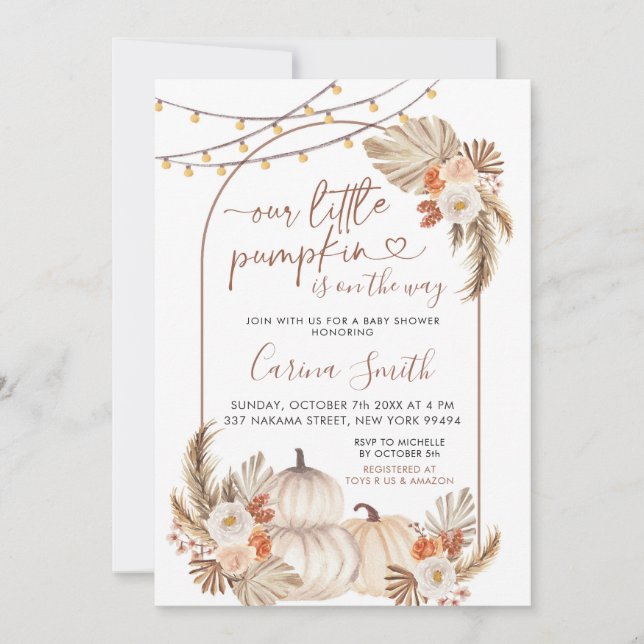 Invitation Boho Un Petit Citrouille Se Trouve Sur Le Chemin D (Devant)