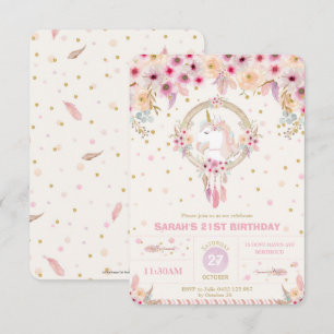 Invitation Boho Unicorn Anniversaire Floral Girl 21e Annivers
