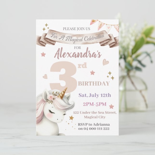 Invitation Boho Unicorn Magical Girl 3ème anniversaire Invita (Debout devant)
