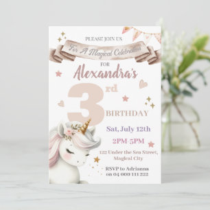 Invitation Boho Unicorn Magical Girl 3ème anniversaire Invita