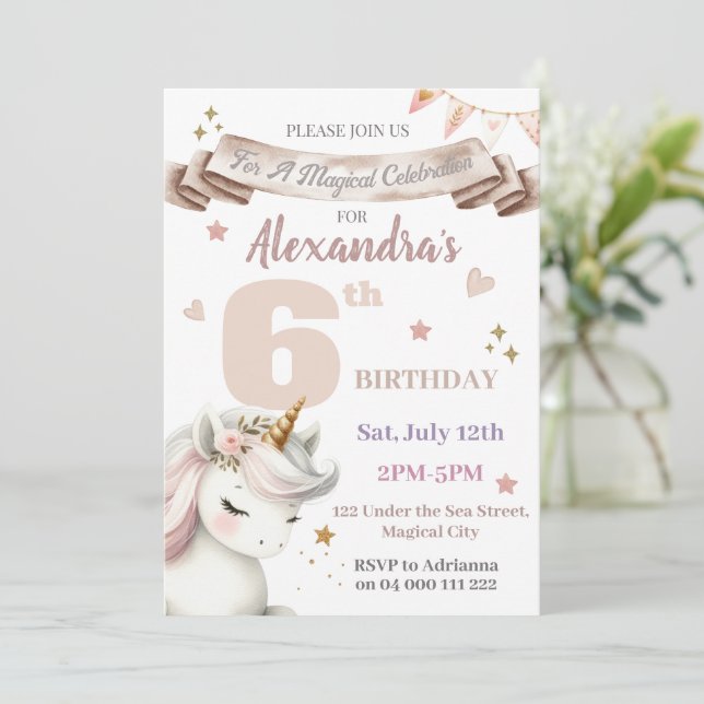 Invitation Boho Unicorn Magique Girl 6e anniversaire Invitati (Debout devant)