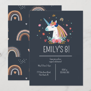 Invitation Boho Unicorn Moderne Marine Girls mignonne Anniver