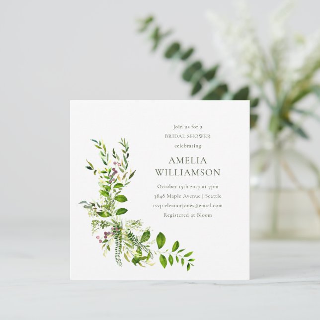 Invitation Boho Verdure Aquarelle Fête des mariées florale (Debout devant)