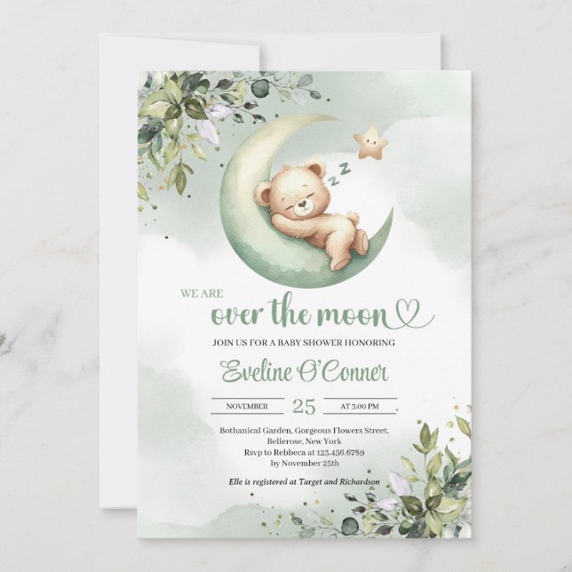 Invitation Boho verdure au-dessus de la lune en peluche bébé (Devant)