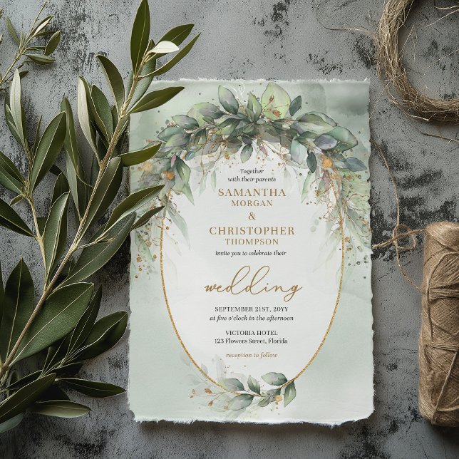 Invitation Boho verdure eucalyptus feuillage or mariage (EDITABLE Trendy watercolor greenery eucalyptus gold frame wedding invitation template )