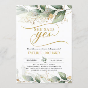 Invitation Boho verdure eucalyptus or feuilles elle a dit oui
