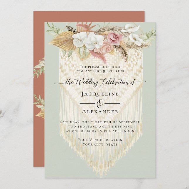 Invitation BOHO Verdure Floral Pampas Grass Mariage Macrame (Devant / Derrière)