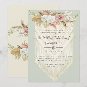 Invitation BOHO Verdure rose Floral Pampas Mint Mariage