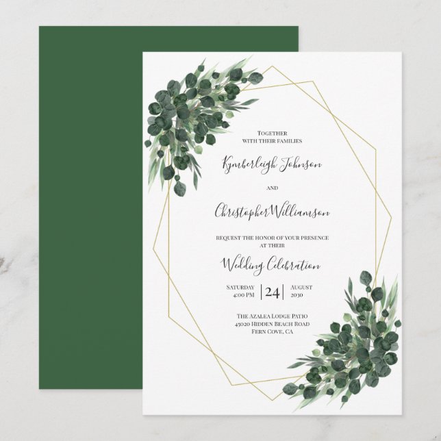 Invitation Boho Vert aquarelle Eucalyptus Mariage géométrique (Devant / Derrière)