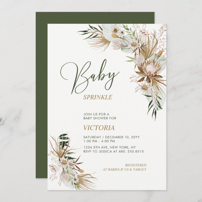 Invitation Boho vert et or Botanical Baby Sprinkle (Devant / Derrière)