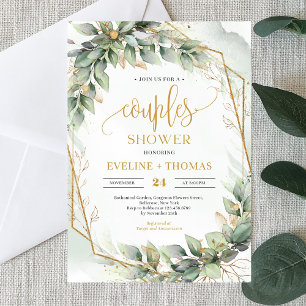 Invitation Boho vert eucalyptus or parties scintillant couple