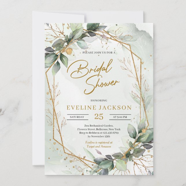 Invitation Boho vert folaige faux or géométrique mariale (Devant)