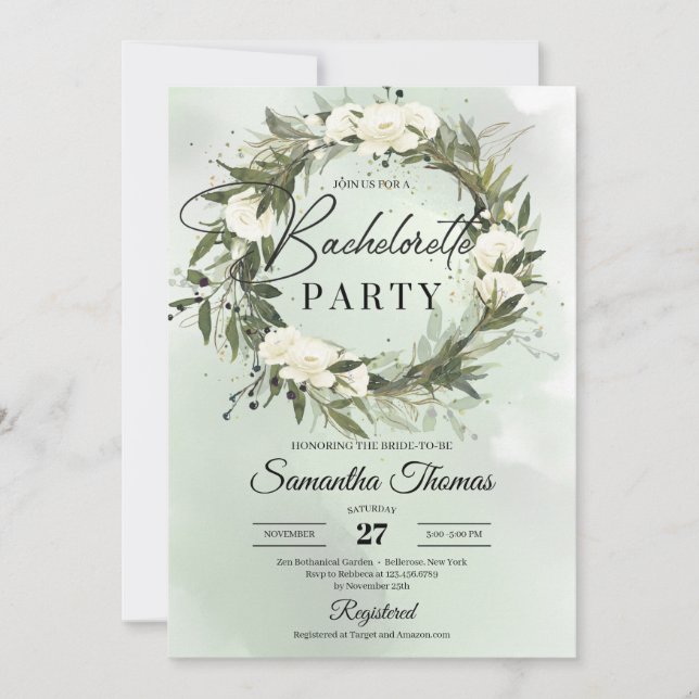 Invitation Boho vert olivier courre blanche roses bachelorett (Devant)