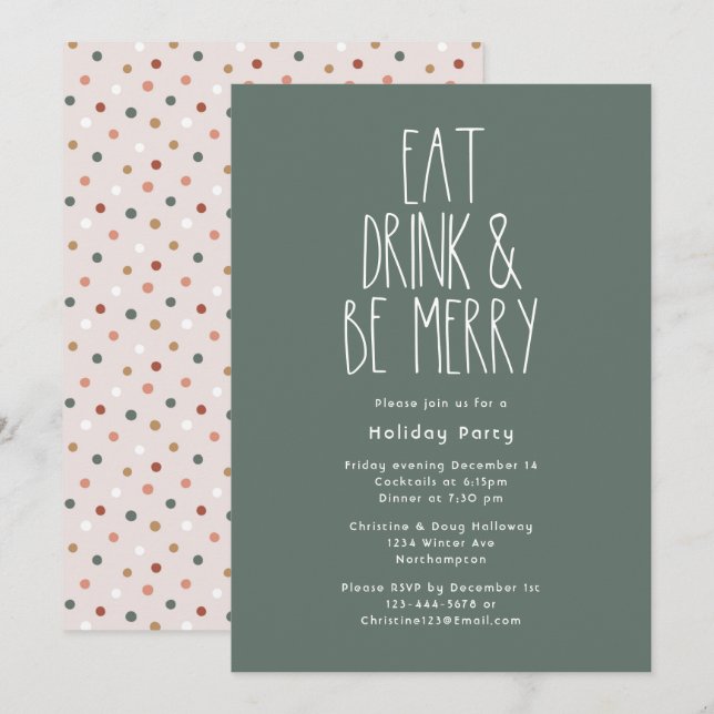 Invitation Boho vert Polka Dot Noël Manger Boire Soyez Joyeux (Devant / Derrière)
