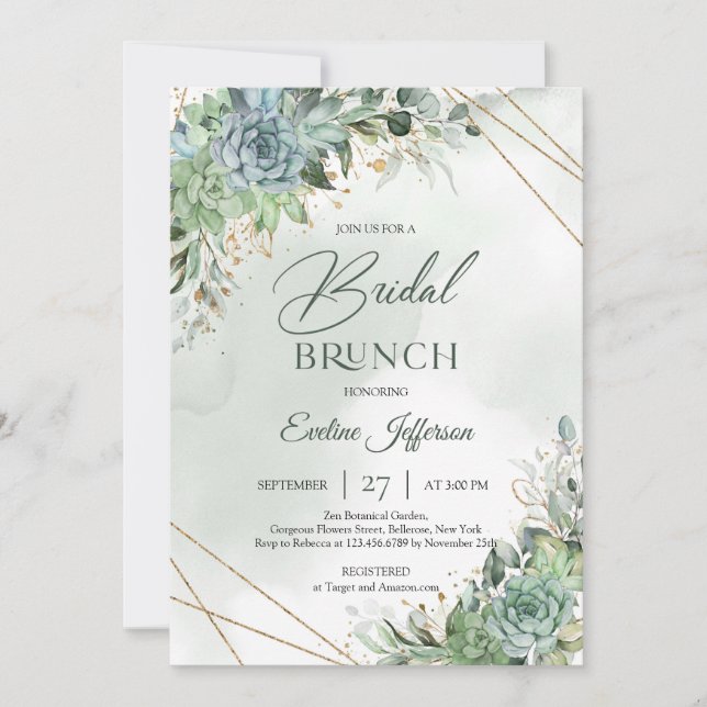 Invitation Boho vert poussiéreux succulent or brunch nuptial (Devant)