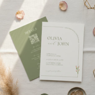 Invitation Boho Vert Sauge & Lin Minimaliste avec Détails & Q
