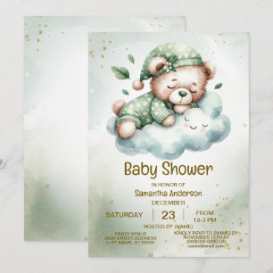Invitation Boho Vert Sleeping Teddy Bear mignon Baby shower