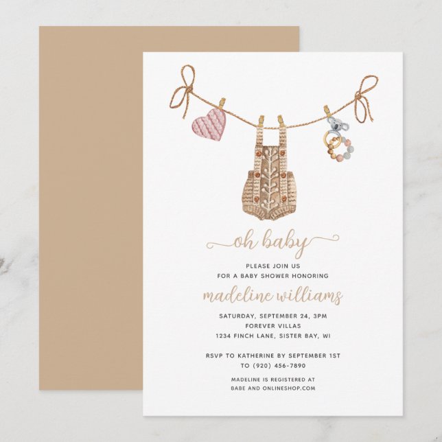 Invitation BOHO Vêtements de bébé Neutre Oh Baby shower (Devant / Derrière)