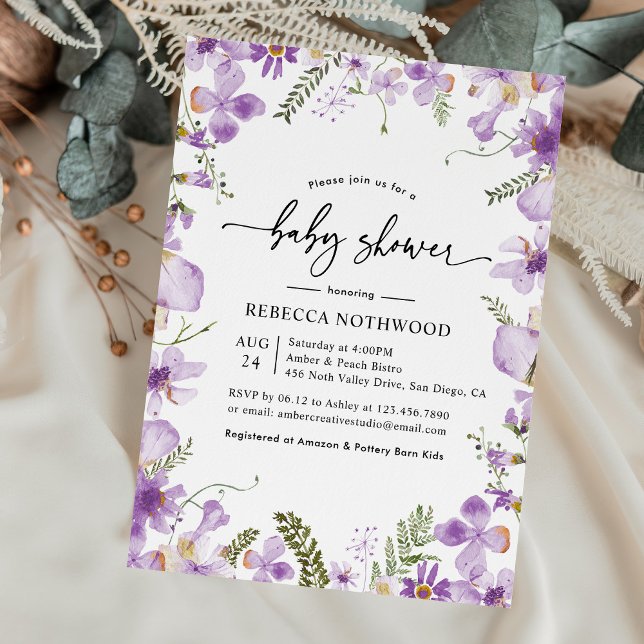 Invitation Boho violet Fleur sauvage Baby shower neutre (Créateur téléchargé)