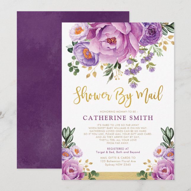 Invitation Boho Violet Or Floral Girl Baby shower Par Mail (Devant / Derrière)