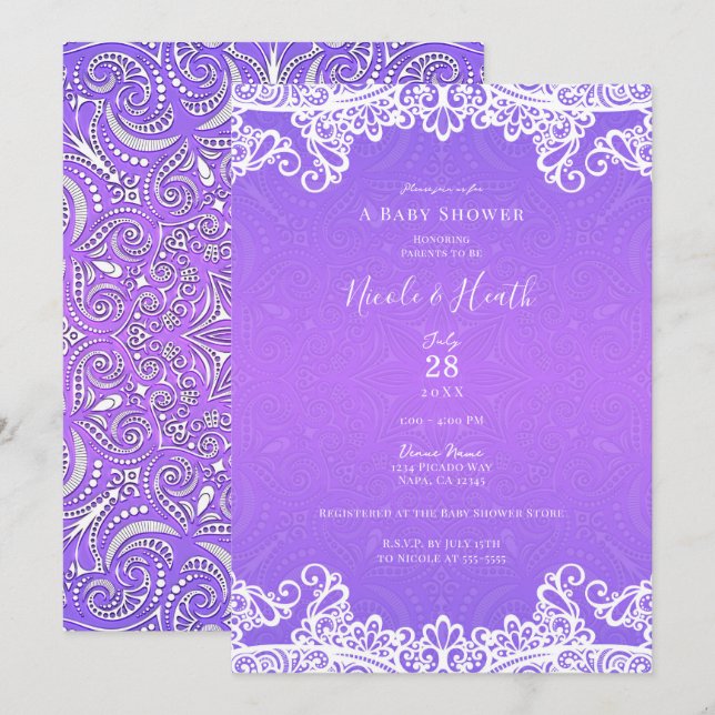 Invitation Boho violet rose & blanc Baby shower dentelle (Devant / Derrière)