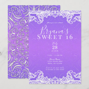 Invitation Boho violet rose & blanc dentelle Bold Sweet 16 Pa