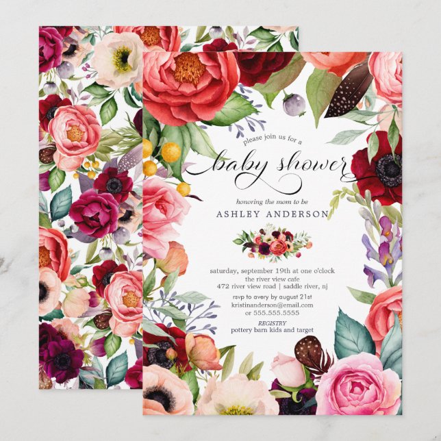 Invitation Boho Watercolor Baby shower Floral (Devant / Derrière)