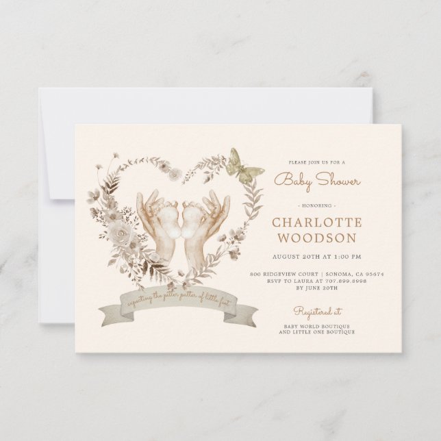 Invitation Boho Watercolor Baby shower Pieds bébé (Devant)