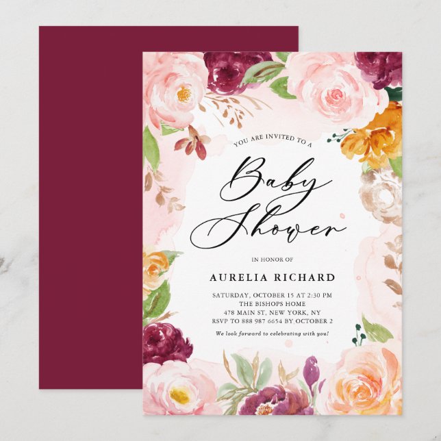 Invitation Boho Watercolor Blush Bourgogne Floral Baby shower (Devant / Derrière)