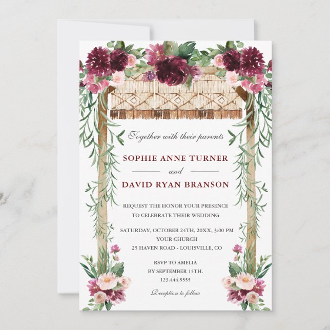 Invitation Boho Watercolor Canopy Burgundy Red FlorMariage (Devant)