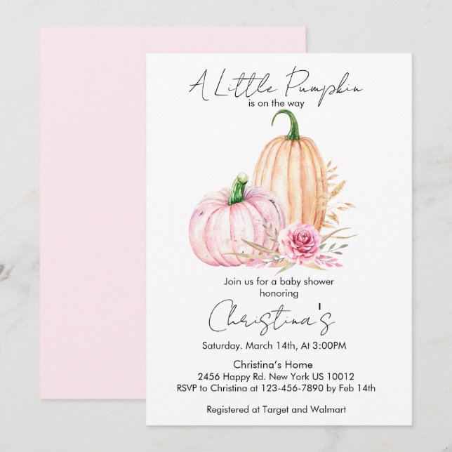 Invitation Boho Watercolor Citrouille Babyshower (Devant / Derrière)