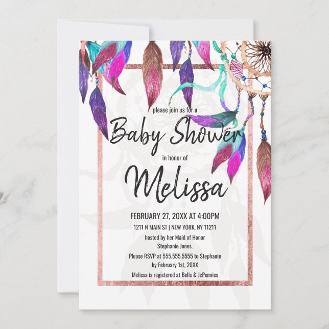Invitation Boho Watercolor Dreamcatcher Rose Baby shower or (Devant)