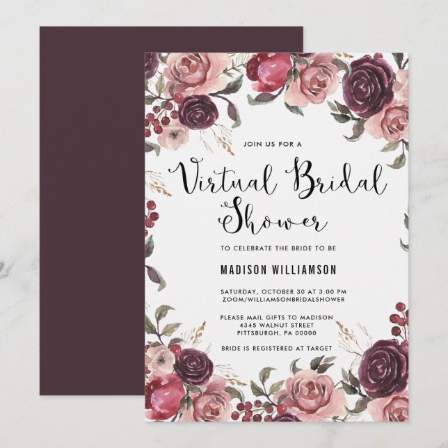 Invitation Boho Watercolor Fall Floral Fête des mariées virtu (Devant / Derrière)