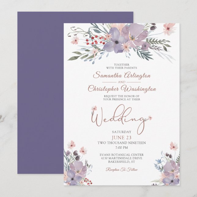 Invitation Boho Watercolor Fleur sauvage violet Mariage (Devant / Derrière)