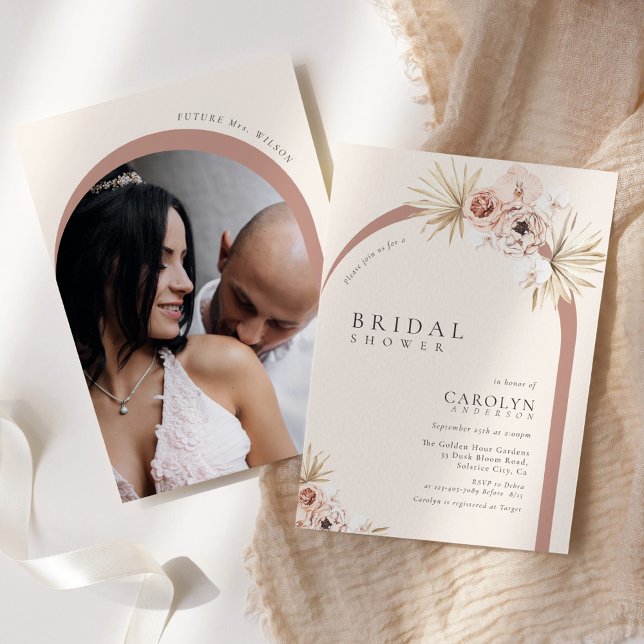 Invitation Boho Watercolor Floral Arched Photo Bridal Shower (Créateur téléchargé)