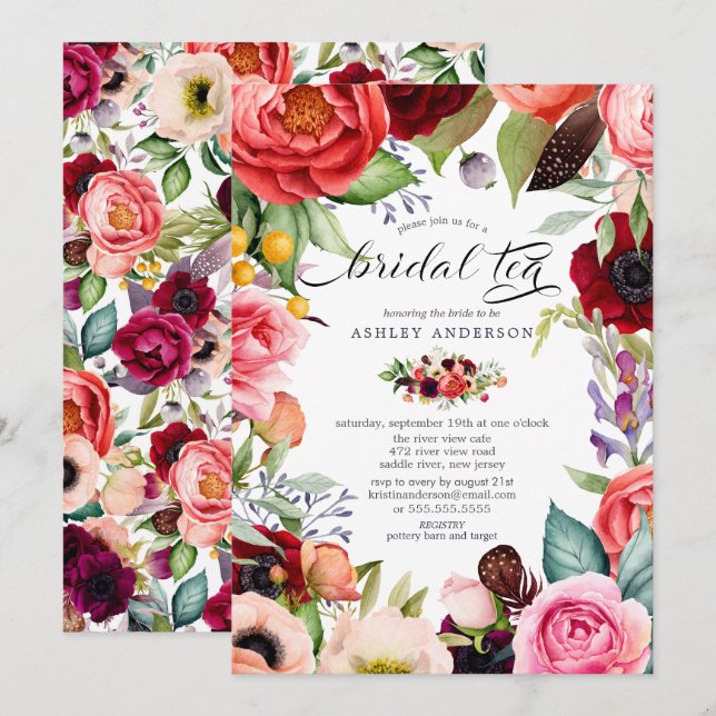 Invitation Boho Watercolor Floral Bridal Tea (Devant / Derrière)