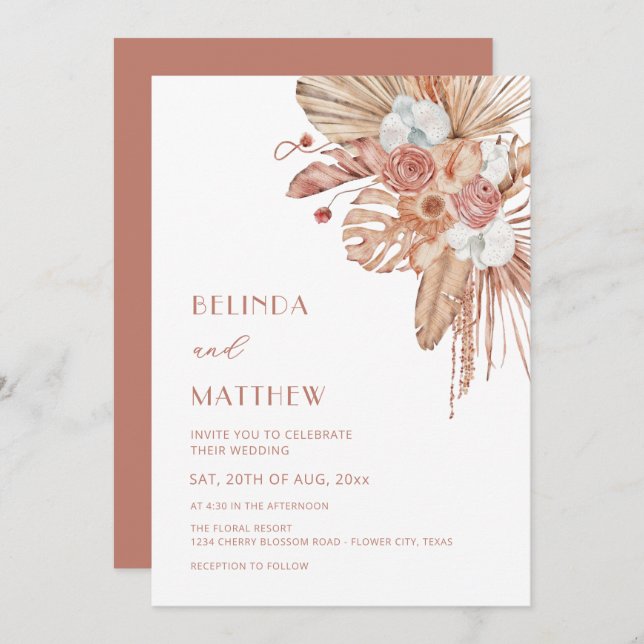 Invitation Boho Watercolor Flowers Casual Wedding (Devant / Derrière)
