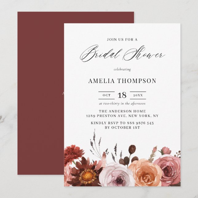 Invitation Boho Watercolor Flowers Garland Fête des mariées d (Devant / Derrière)