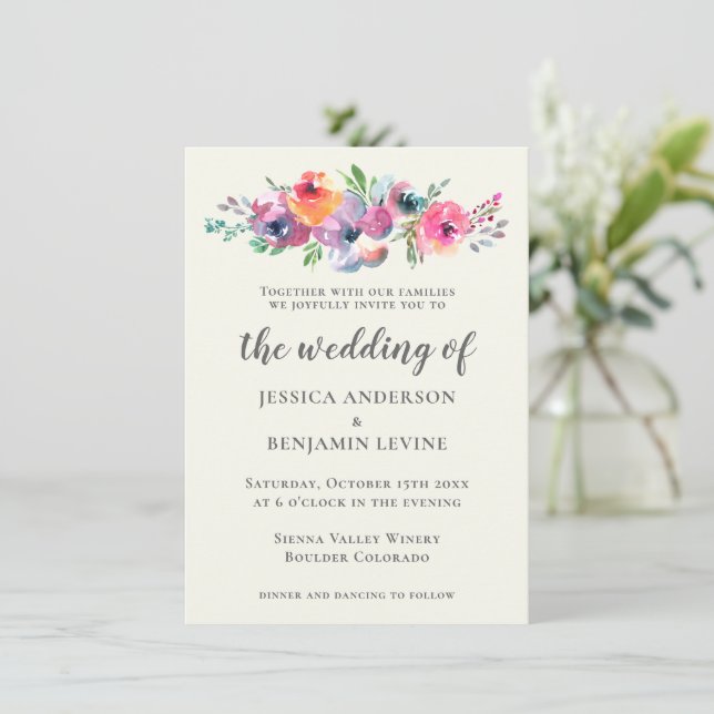 Invitation Boho Watercolor Flowers Moderne Mariage élégant (Debout devant)