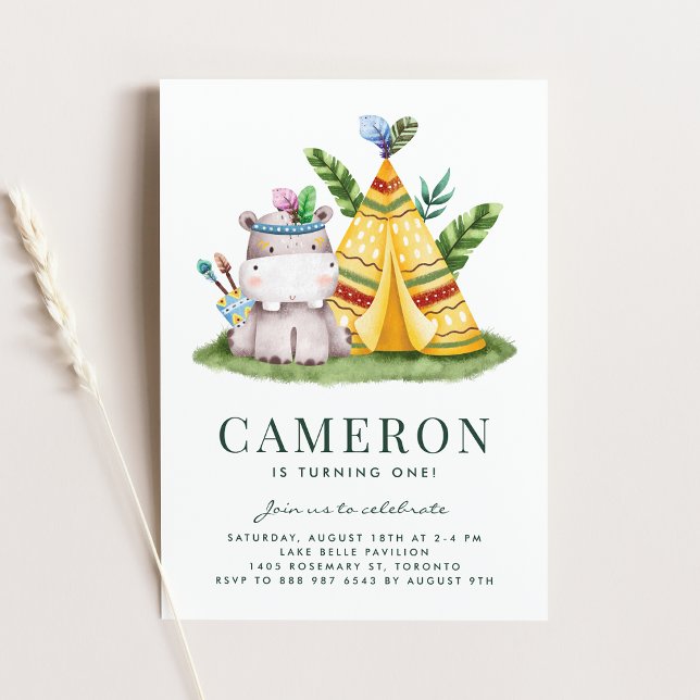 Invitation Boho Watercolor Hippo Tribal Premier anniversaire (Créateur téléchargé)